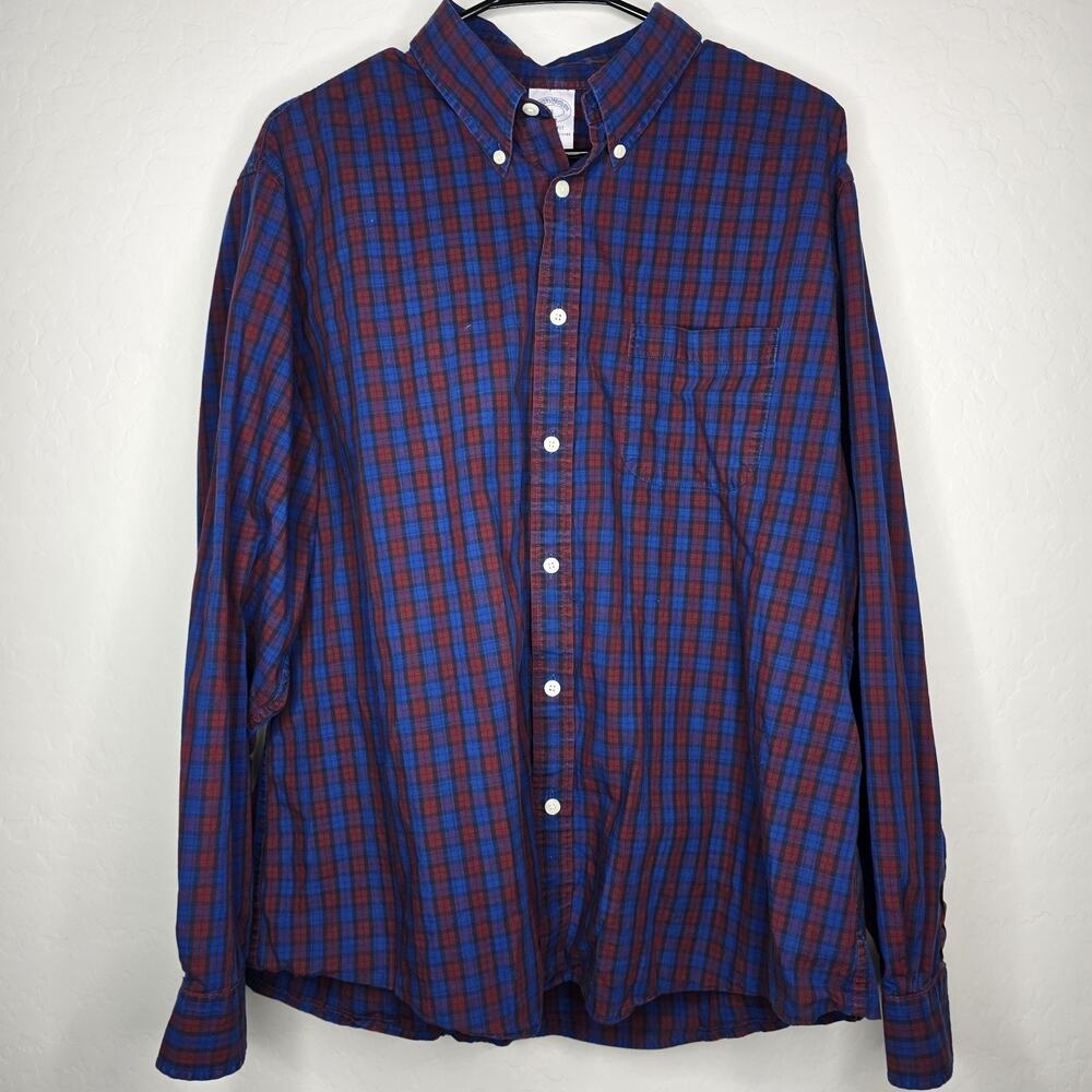 Brooks Brothers XL Regular Fit Button Down Shirt Red Blue Plaid Cotton Mens